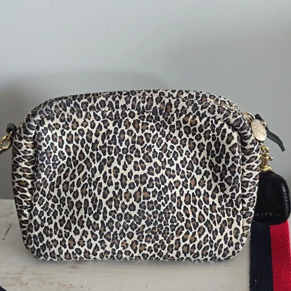 Clare V. Midi Sac Crossbody In Leopard Suede With Red/Navy Strap Bags